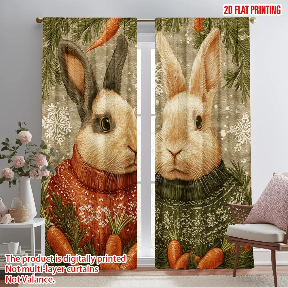 2pcs,2D plane printing Popular Curtain Panels Rabbit with Pine Branches & Snowflakes Versatile Durable Polyester (without rod)