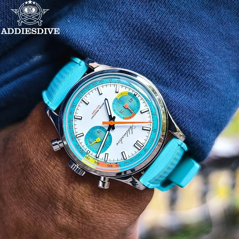 ADDIESDIVE Luxury Chronograph Men Quartz Watch New Luminous 100m Waterproof Diving Wristwatch 0S21 Movement Fluororubber Strap
