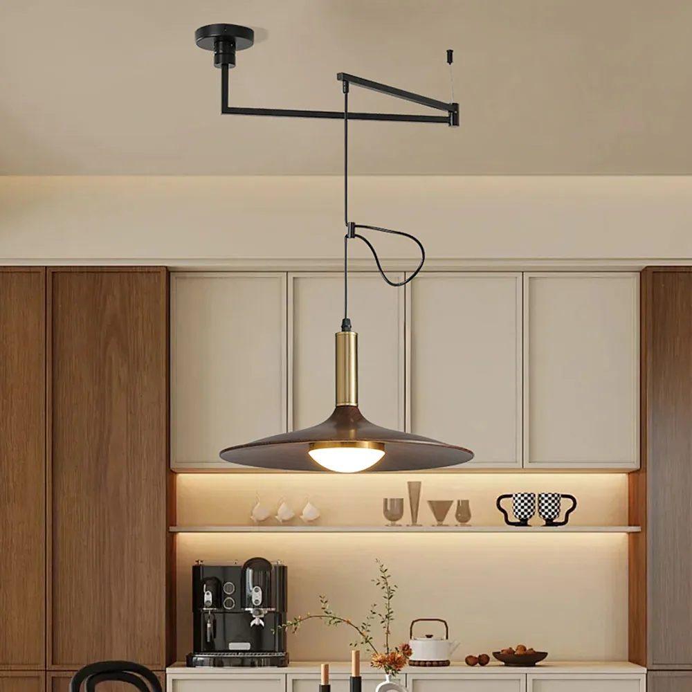 Nano Swing Arm Pendant Light Wabi-Sabi retro three-headed walnut wood lamp Restaurant Small Flying Saucer Bar Dining table lamp