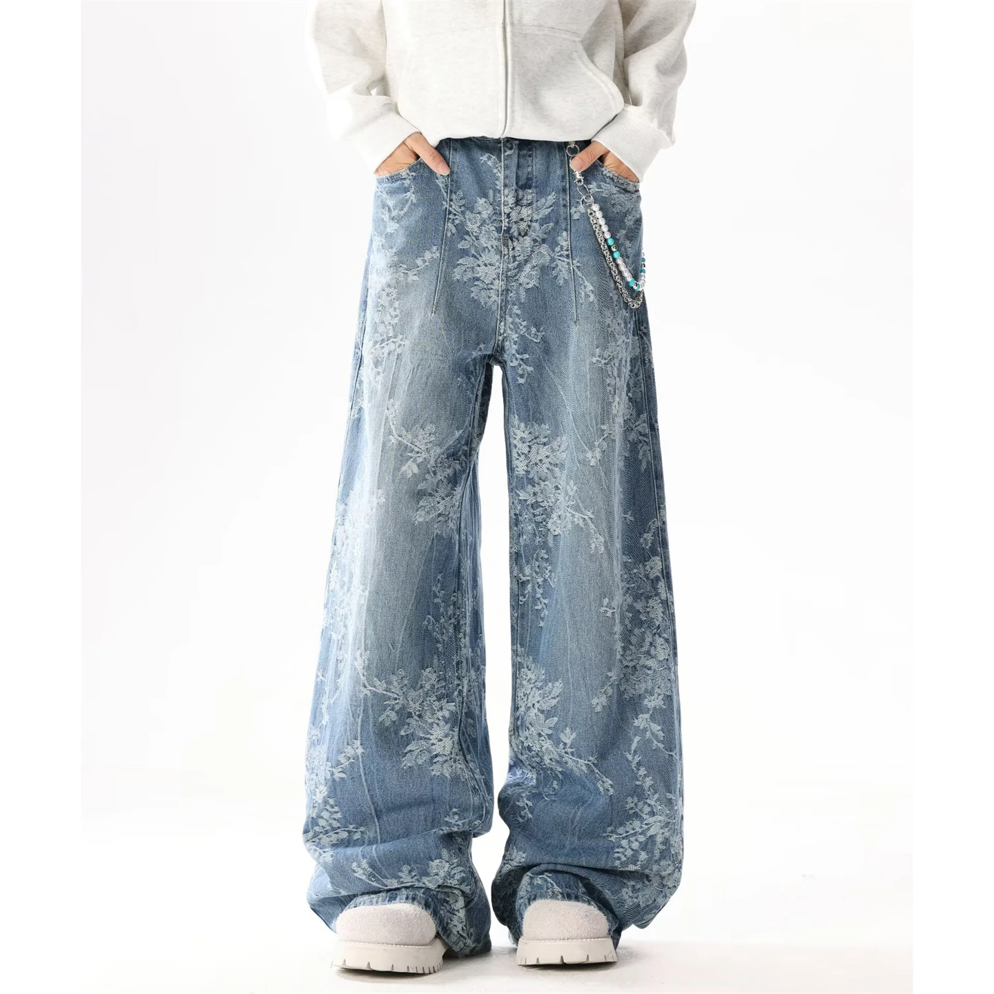 

Джинсы из Гонконга с вышивкой в стиле ретро, повседневные модные свободные леггинсы в стиле хип-хоп с цветочным узором, средняя талия