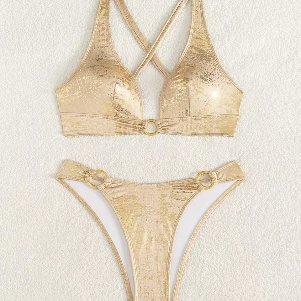 

2026 Golden Sparkling Halter Rings Bikini Women Swimsuit Female Swimwear Two-pieces Bikini Set High Cut Bathing Suit Swim Lady