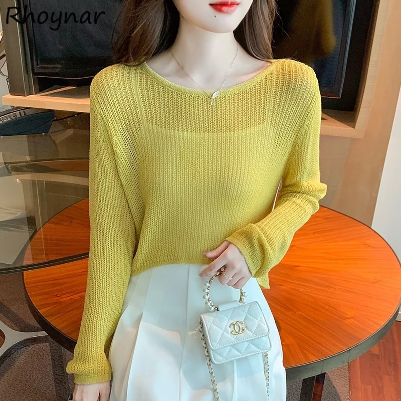 Summer Pullovers Women Knitwear Long Sleeve Sun Proof O-neck Hollow Out Korean Fashion Harajuku Temper Irregular Minimalist Chic