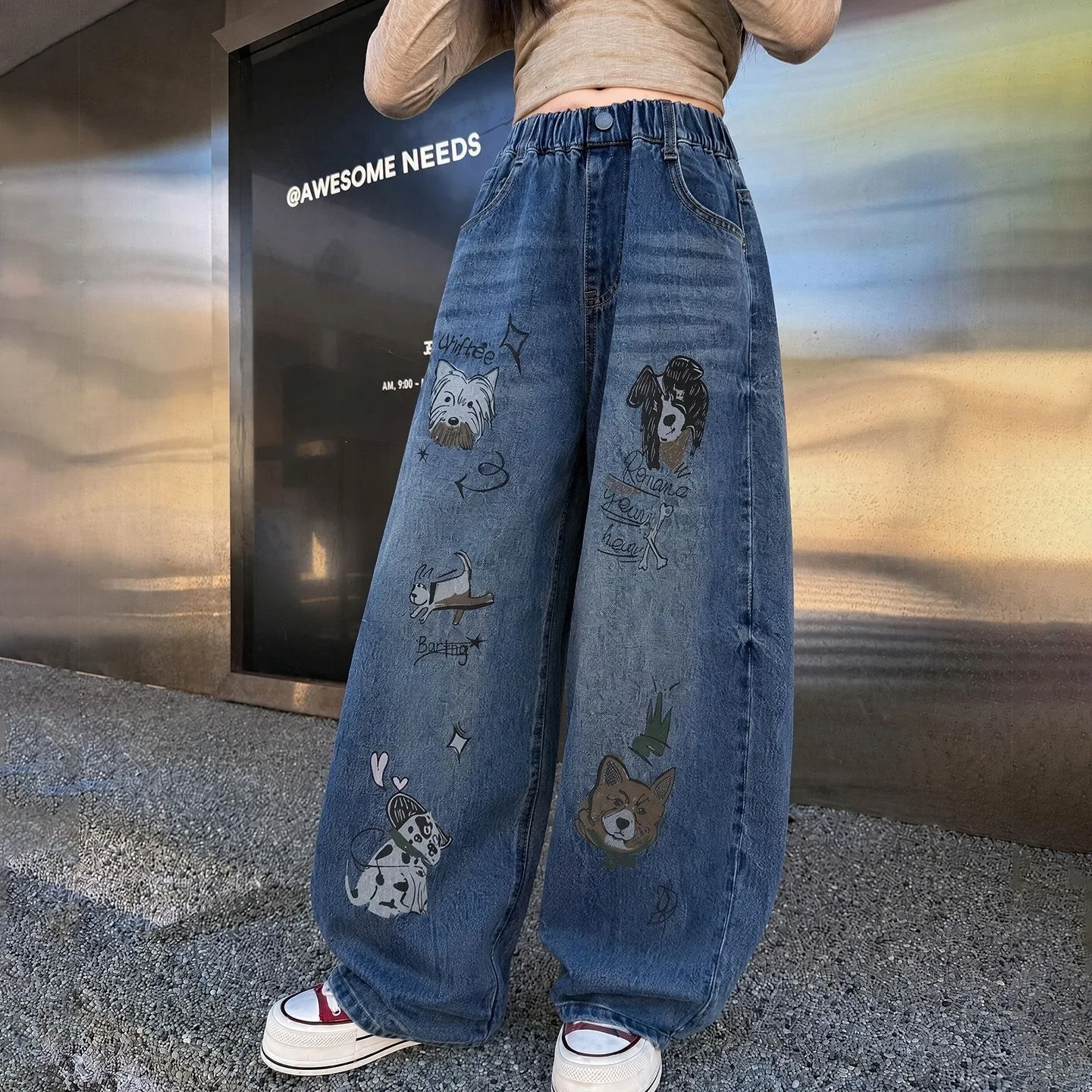 UNITIM Autumn 4-14Yrs Girls Jeans Cartoon Printed Children Girls Denim Pant Loose Casual Elastic Waist Teens Girls Wide Leg Pant