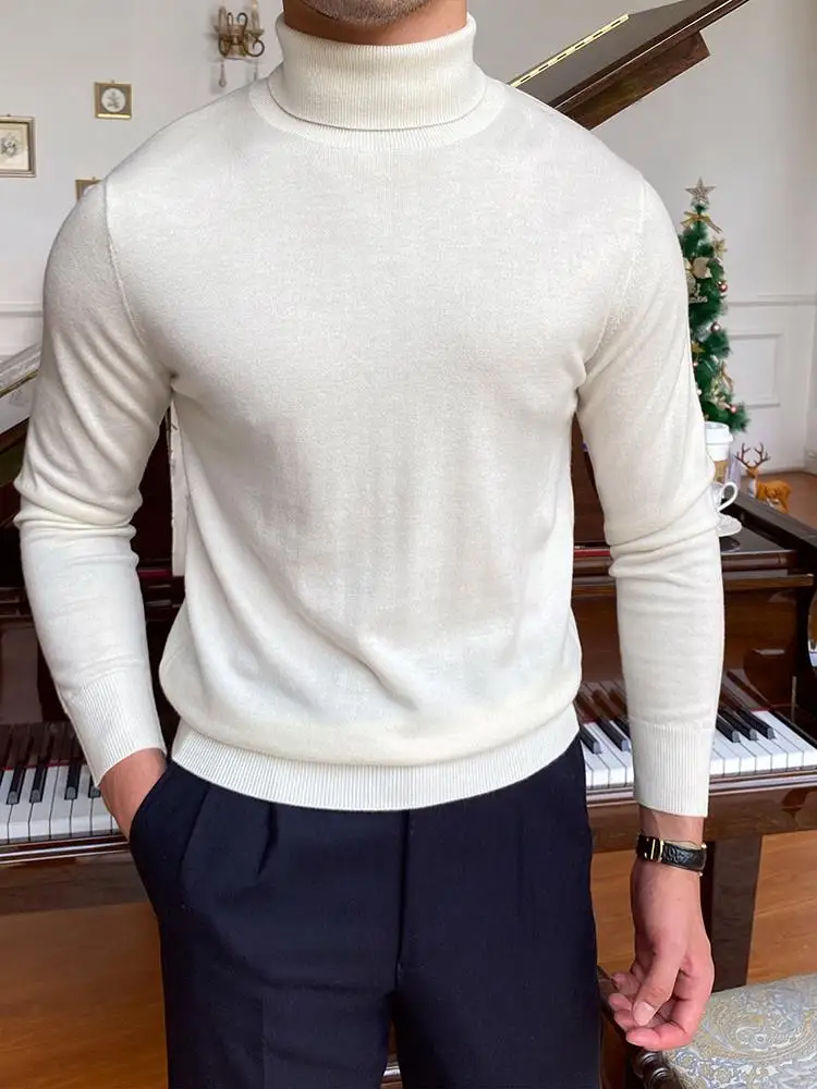 Suéter Masculino de Gola Alta, Quente, Ajuste Slim, Cor Pura, Estilo Coreano, Versátil, Nova Chegada para Outono e Inverno
