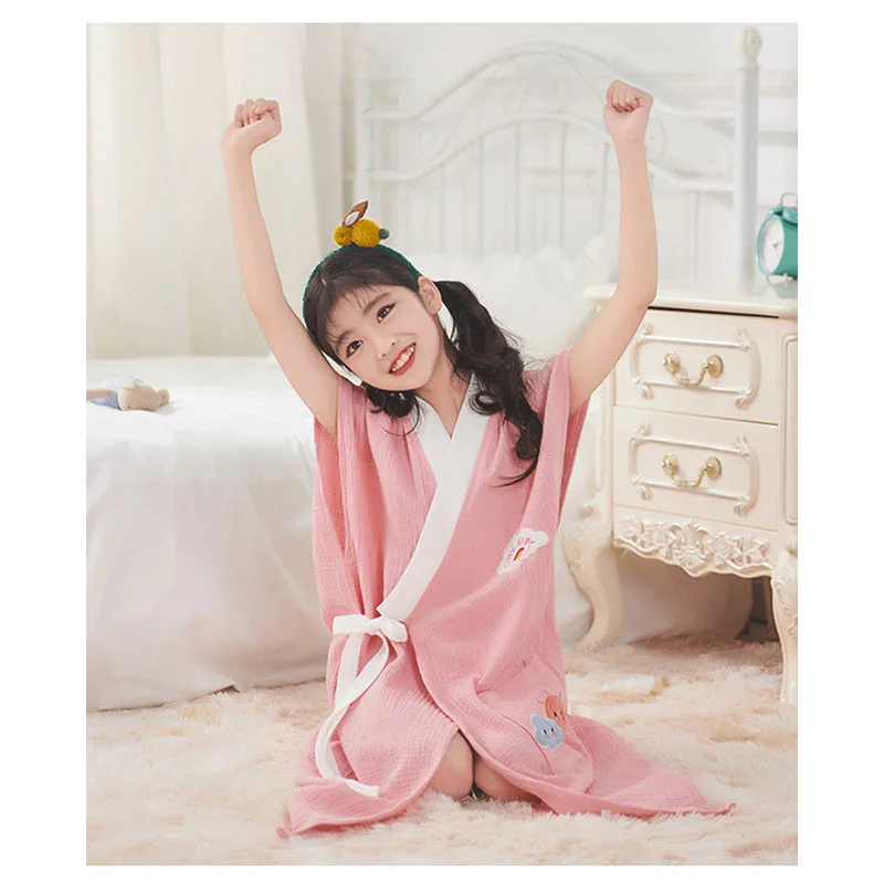 Cartoon Embroidery Kids Sleeveless Gauze Cotton Bathrobe Soft Breathable Kimono Robe Children Home Nightgown