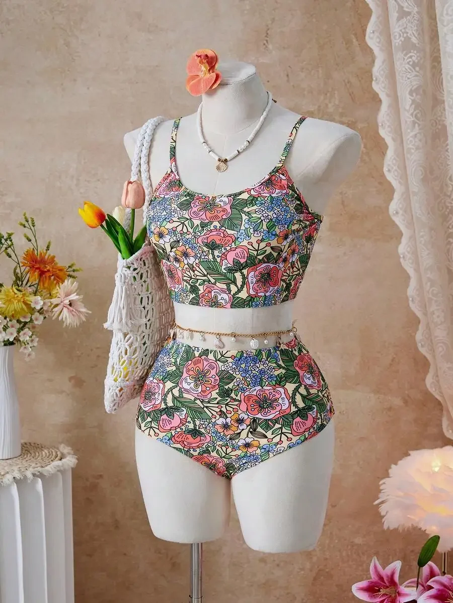 

Floral Print High Waisted Tankini Set For Beach Summer Vacation