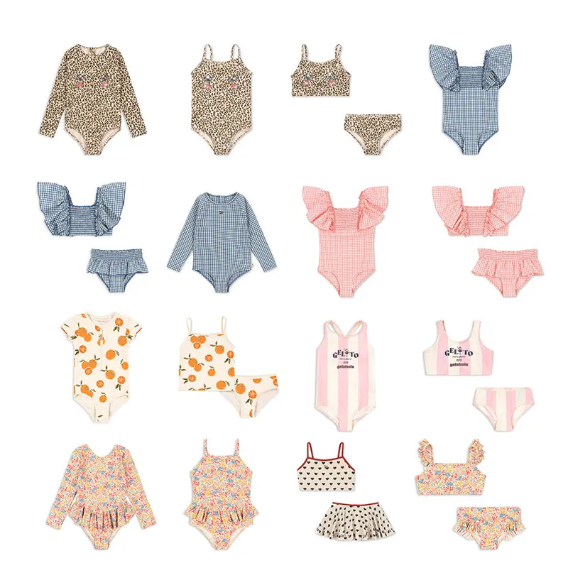 2026 Summer Girls Leopard Swimsuit One Piece Kids Beach Wear Girls Lace Swimwear Children Ruffle Princess Bikinis Sets Monokini