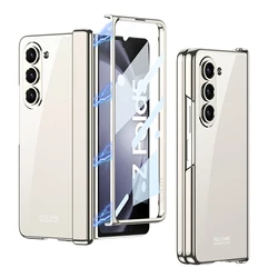 For Samsung Galaxy Z Fold 5 Case Transparent Electroplating Folding Hinge All-Inclusive With Tempered Film Shockproof Hard Cover