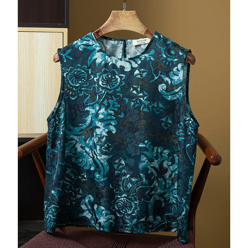 

Retro Blue And White Porcelain Silk Vest Women's Loose Comfortable Sleeveless round Neck A-Line Top Silk Commute Style Floral...