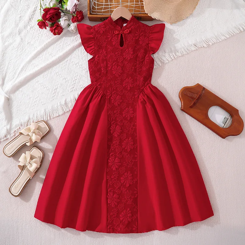 

2026 Summer Kids Girls Princess Dress Chinese Style Mandarin Collar Luxury Embroidered Short Sleeve Waist A-Line Dress