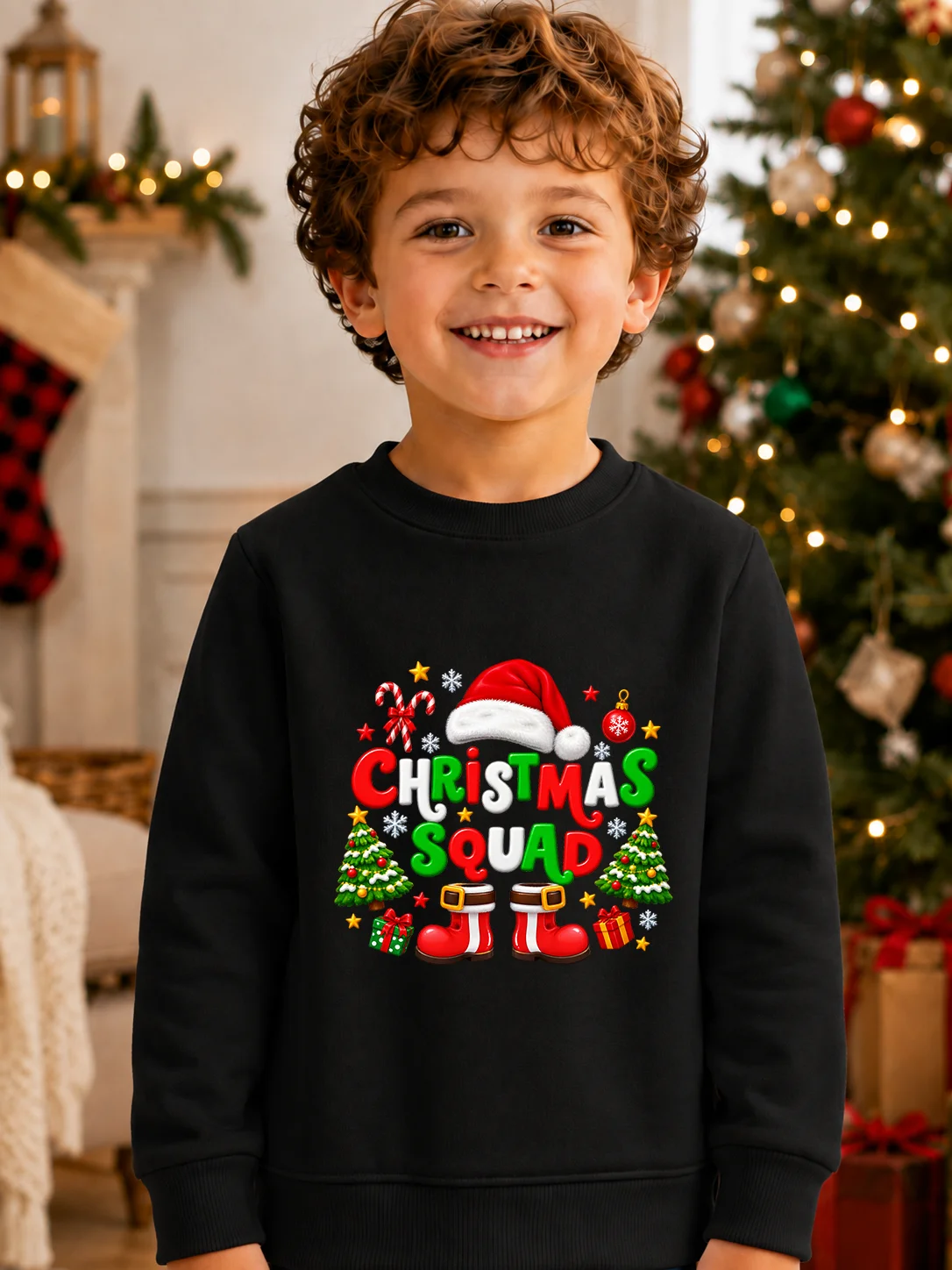 Christmas Kids Crew Neck Sweatshirt Christmas Squad Cartoon Element Print Boys Long Sleeve Pullover Toddler Holiday Top