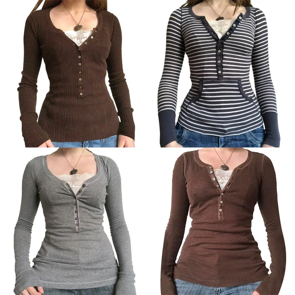 

Vintage Lace Patchwork Cute Cotton Tshirts Women Korean Fashion Button Fairy Grunge Y2K Clothes Casual Spring Autumn Retro Tops