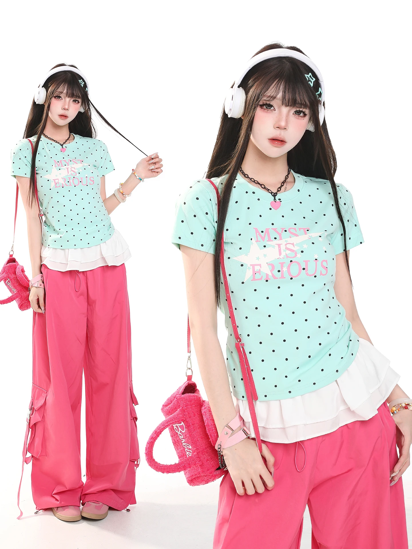Dopamine Polka Dot Letter Short Sleeve T-Shirt Women's Summer Design Slimming Stylish Top Casual Style Universal Fit Short Sl...