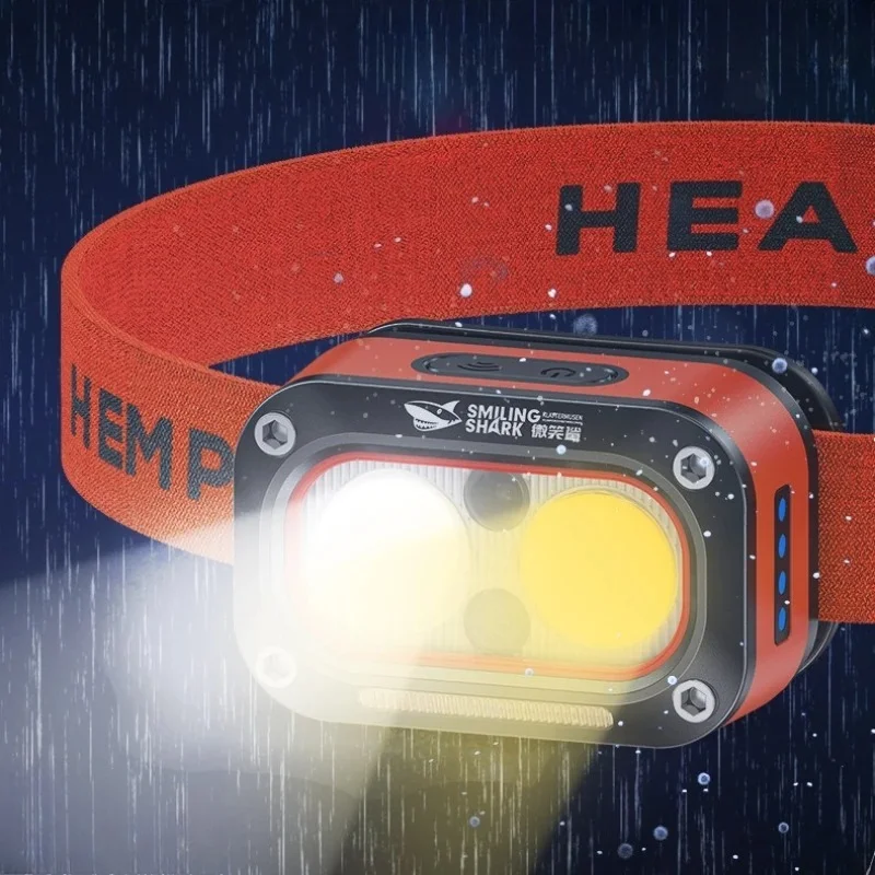 Outdoor Induction Headlamp USB Rechargeable Triple Color Light Source Head Mounted Light Portable Electric Display LED Headlight