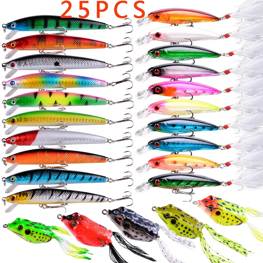 25PCS 3D Bionic Minnow Thunder Frog Crankbait Set Wobblers Perch Artificial Bait Pike Carp Bait Swim Bait Fishing Pesca