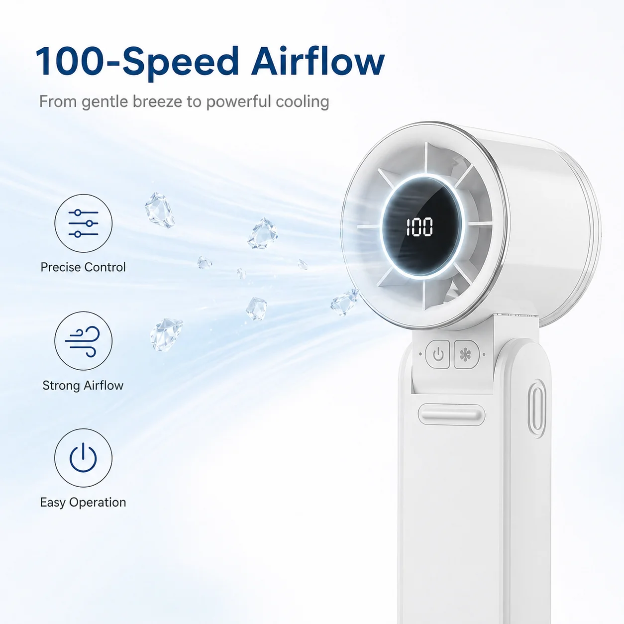 100 Speed Level Portable Air Cooling Fan Mini Handheld Cooling Turbo Fan with Led Power Display Ultra Quiet for Camping USB Rechargeable