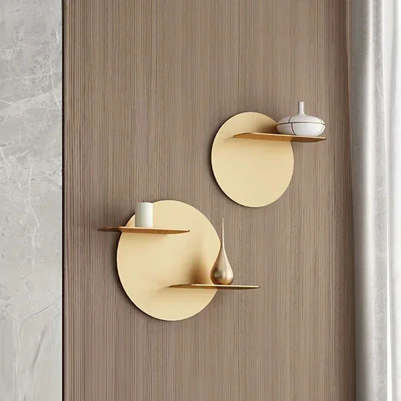Backdrop Wall Metal Shelving Golden Round Wall Storage Shelf Hang Hook Ornaments Mount Rack Decorative Shelves Storage Hooks