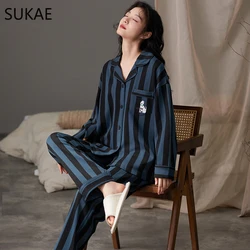 SUKAE Women Pajamas Set Autumn Winter Elegant Turn-down Collar Sleepwear Girl Faux Cotton Nightwear Lady Long Sleeves Loungewear