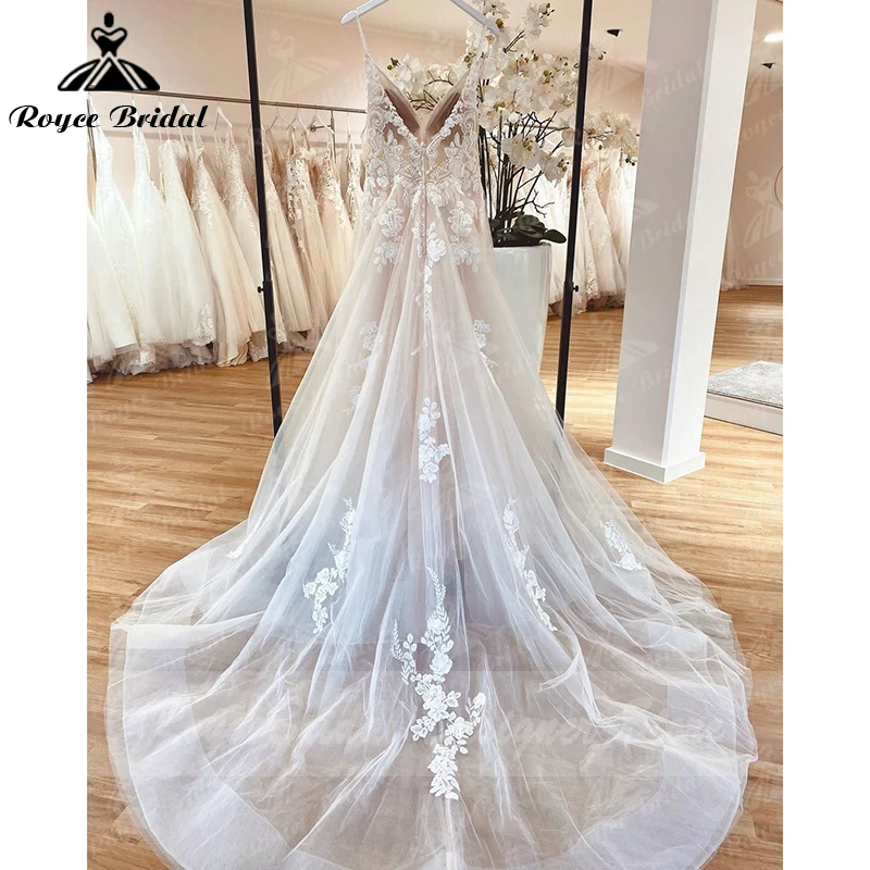 Vestido de novia bohemio personalizado, apliques de encaje, cuentas florales, espalda descubierta, tirantes finos, vestidos de novia, estido de noiva praiano 2025