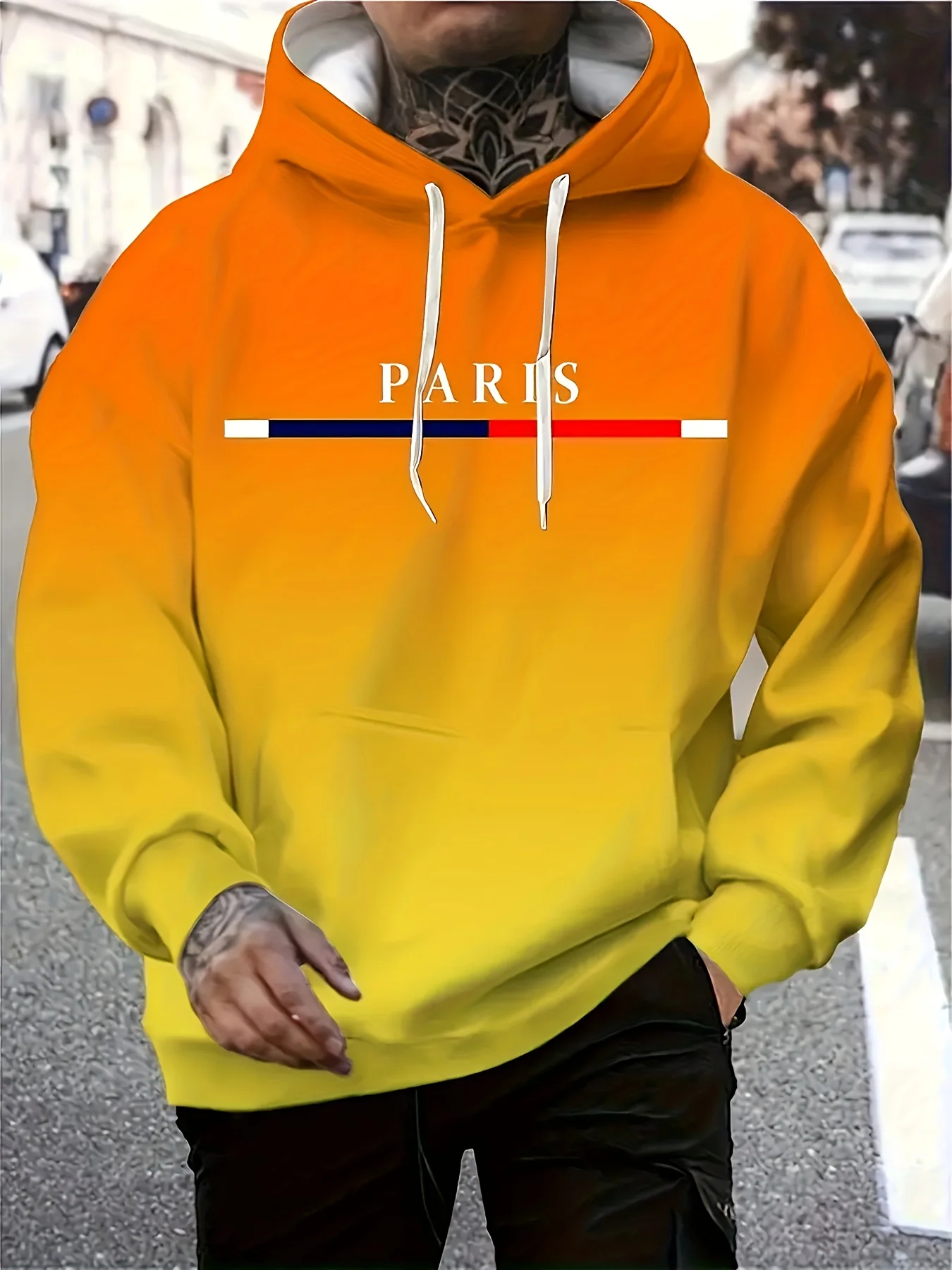 Men's Hoodie Gradual Change Color Paris Pattern Print Pocket Jumper Street Fashion Men's Women's Hoodies Casual Men's Hoodies