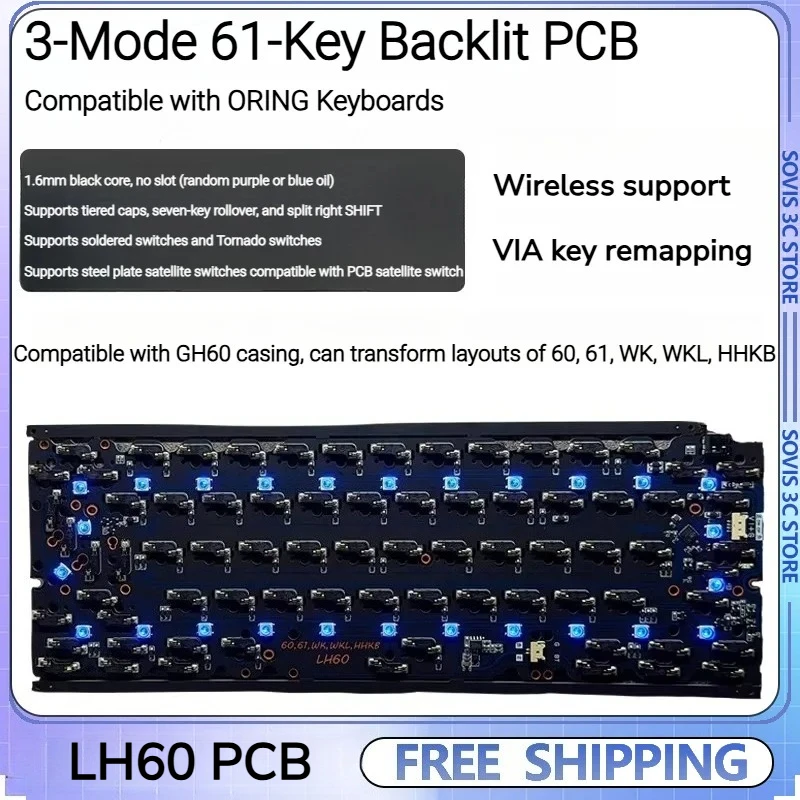 

Беспроводная Bluetooth-клавиатура LH60 PCB с 3 режимами, 61 клавишей, настраиваемой RGB-подсветкой, возможностью горячей замены переключателей, форм-фактор GH60, пластина для позиционирования клавиш, аксессуары для ПК