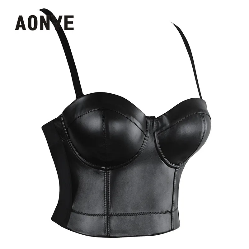 Aonve Women Summer Sexy Top PU Leather Festival Clothing Tops Bralette Cropped Top Female Punk Goth Clubwear Black Red Plus Size