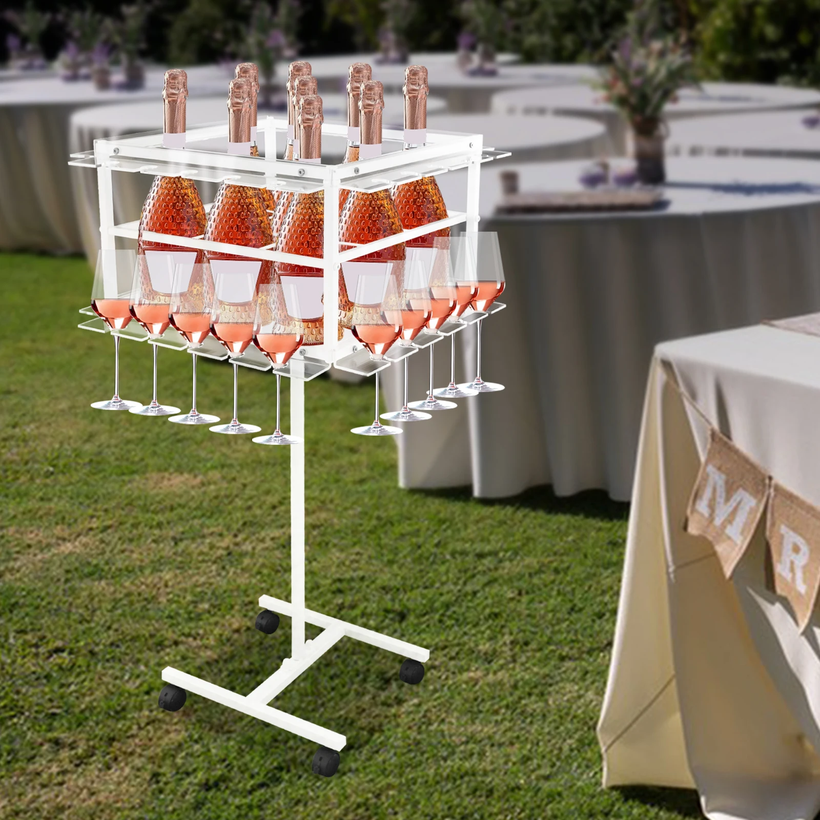 

Champagne Display Stand, Party Glass Holder - 2-Tier Decorative Rack with Wheels, Holds Up to 44 lbs, Mobile Bar Cart Organizer