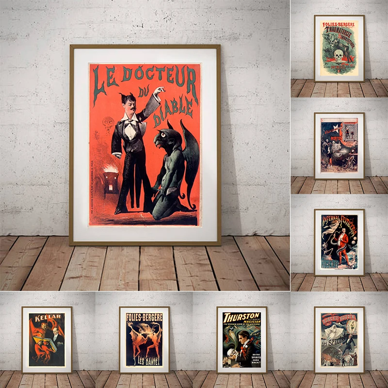 Black Magic Poster Victorian Vintage Art Prints Magicians, Conjurors, Ghosts, Devils Retro Canvas Painting Home Wall Art Decor