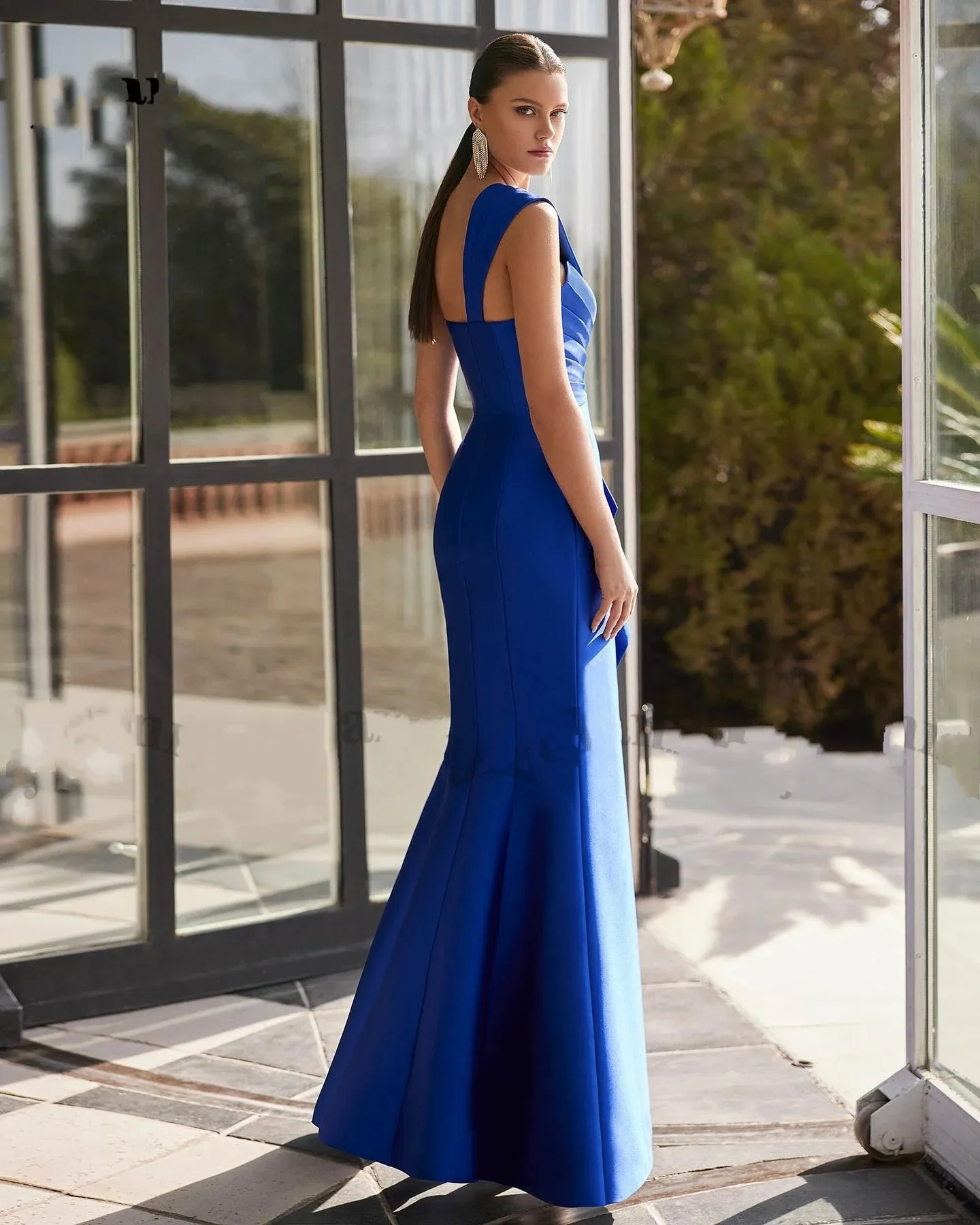 Charmant Blauw Avond Formele Jurk Een Schouder 3D Bloemen Ruches Satijn Prom Pageant Partij Jassen Robe De Soiree