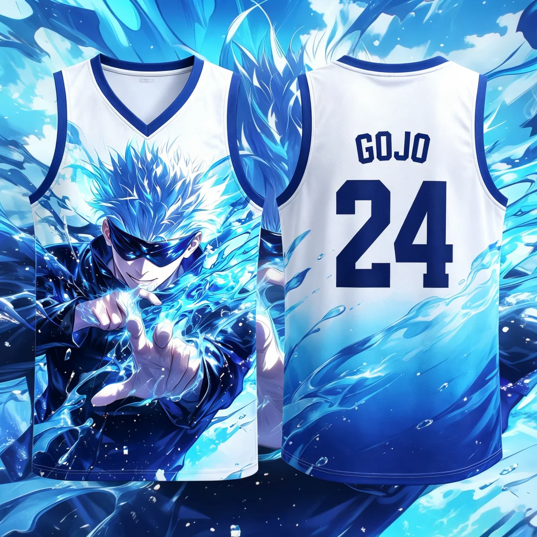 Jujutsu Kaisen Satoru Gojo Nr. 24 Basketball-Trikot, 3D-Druck, ärmelloses Tank-Top, atmungsaktives Mesh, Anime, Streetwear, Workout, Unisex