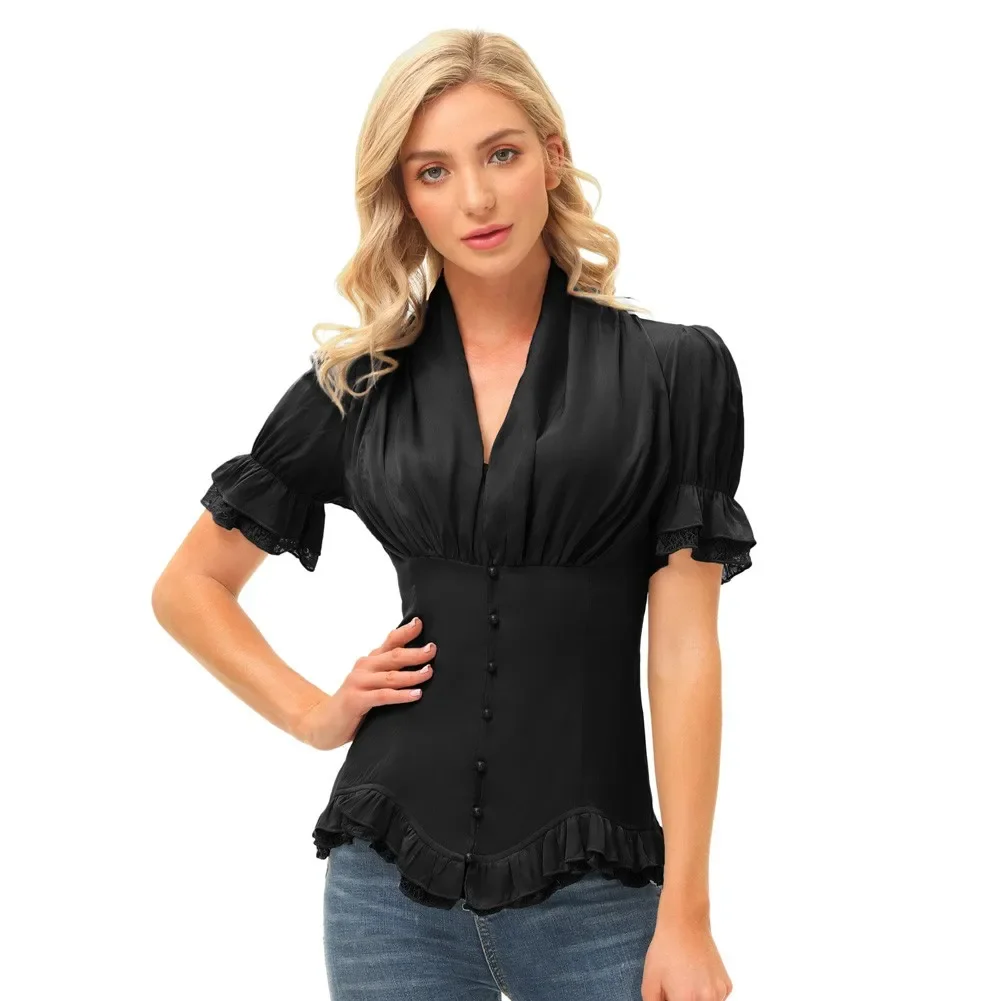 Summer Shirts Women Victorian Slim Pleat Tops Gothic Renaissance Short Puff Sleeve V-Neck Lace-up Ruffle Retro Blouse Lady A20