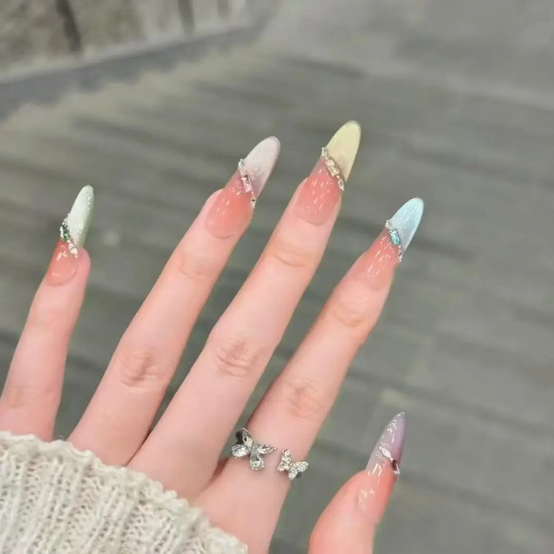 

10Pcs Rainbow Cat's Eye Smudge Press on False Nails Rhinestone Wearable Handmade Fake Nail Long Round Head Full Cover Nails Tips