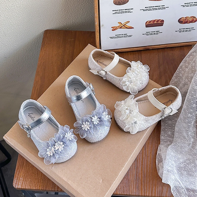 

Girls Flat Shoes Sweet Flowers Kids Leather Shoes Shiny Sequins Round Toes 2026 Brand New Children Princess Shoes Non-slip Soft