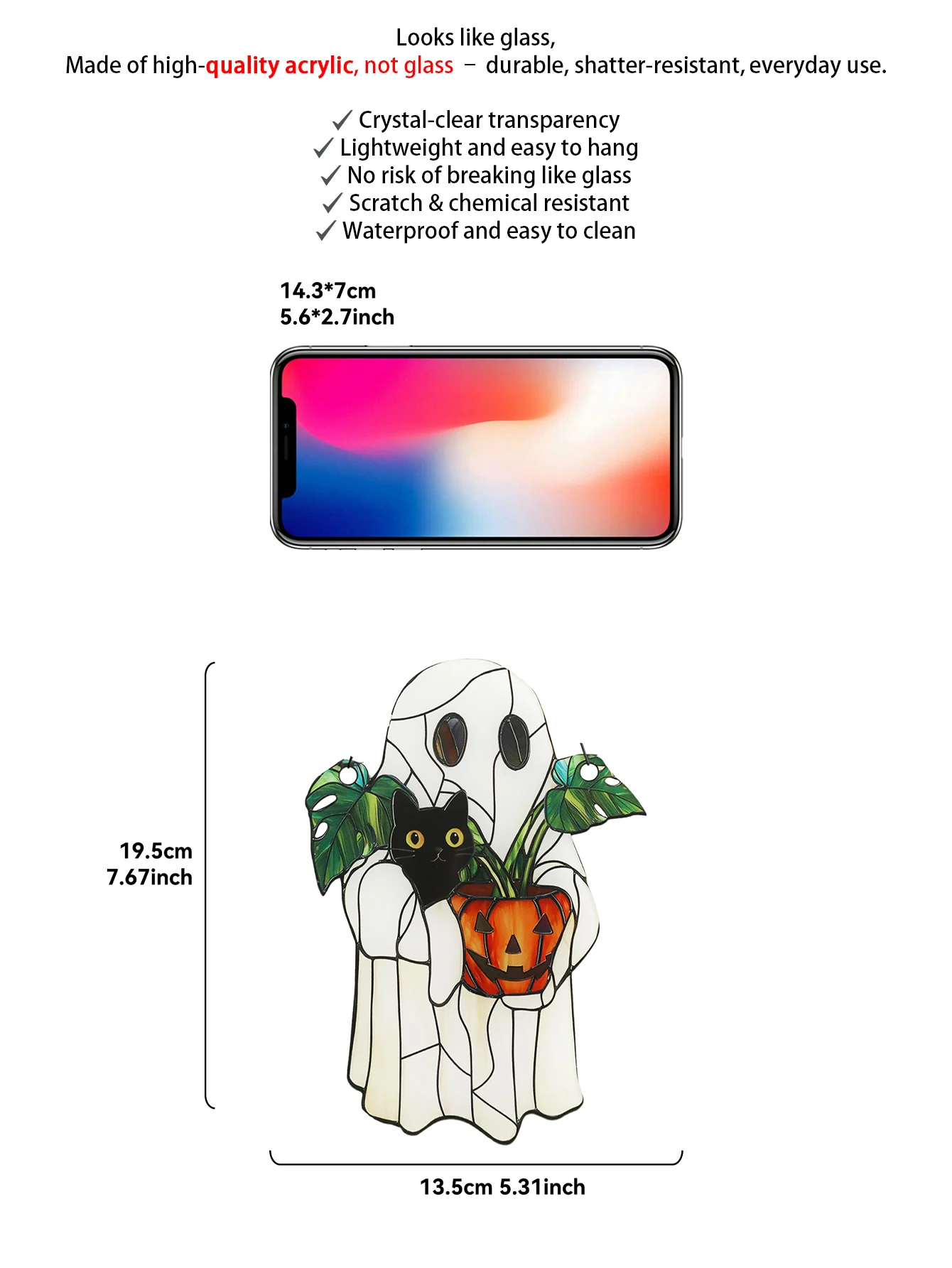 نافذة شبح الهالوين البيضاء معلقة من الأكريليك الأسود على شكل قطة ووعاء نباتي على شكل يقطين للمنزل والحديقة هدية ديكور جدران