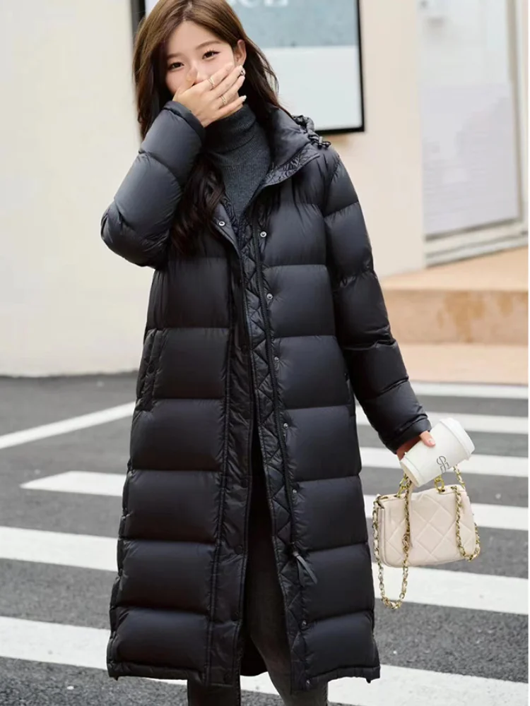 Winter Warm Coat Light Luxury 90 White Goose Down Down Jacket Hooded Long Section Parka Elegant Leisure Slim Fluffy Women\'s Coat