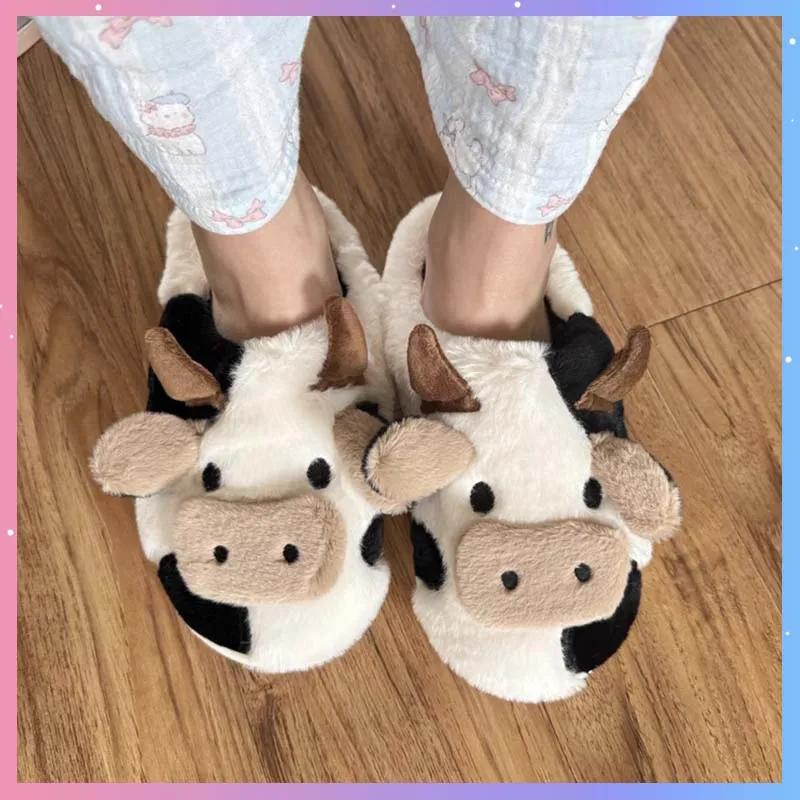

Хлопковые тапочки с рисунком коровы, милые домашние тапочки, осенне-зимние модные кавайные женские домашние туфли, повседневные модные тапочки для девочек, подарок