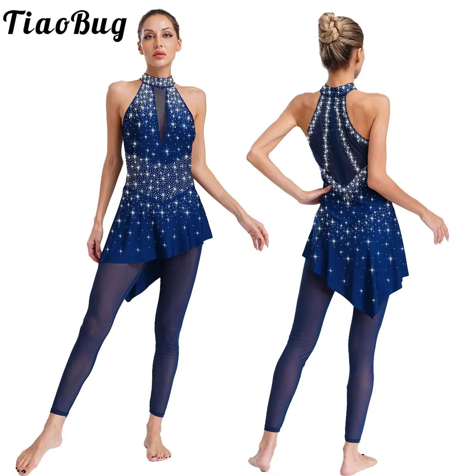 

Women Dance Sleeveless Gymnastics Jumpsuit Shiny Rhinestone Sheer Mesh Splice Skirted Bodysuit Figure Skating Acrobatics Costume