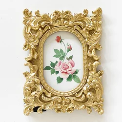 Vintage Rectangle Photo Frame Wall Hanging Golden Embossed Resin Picture Frame Holder Table Decoration Home Decor, Paper Random