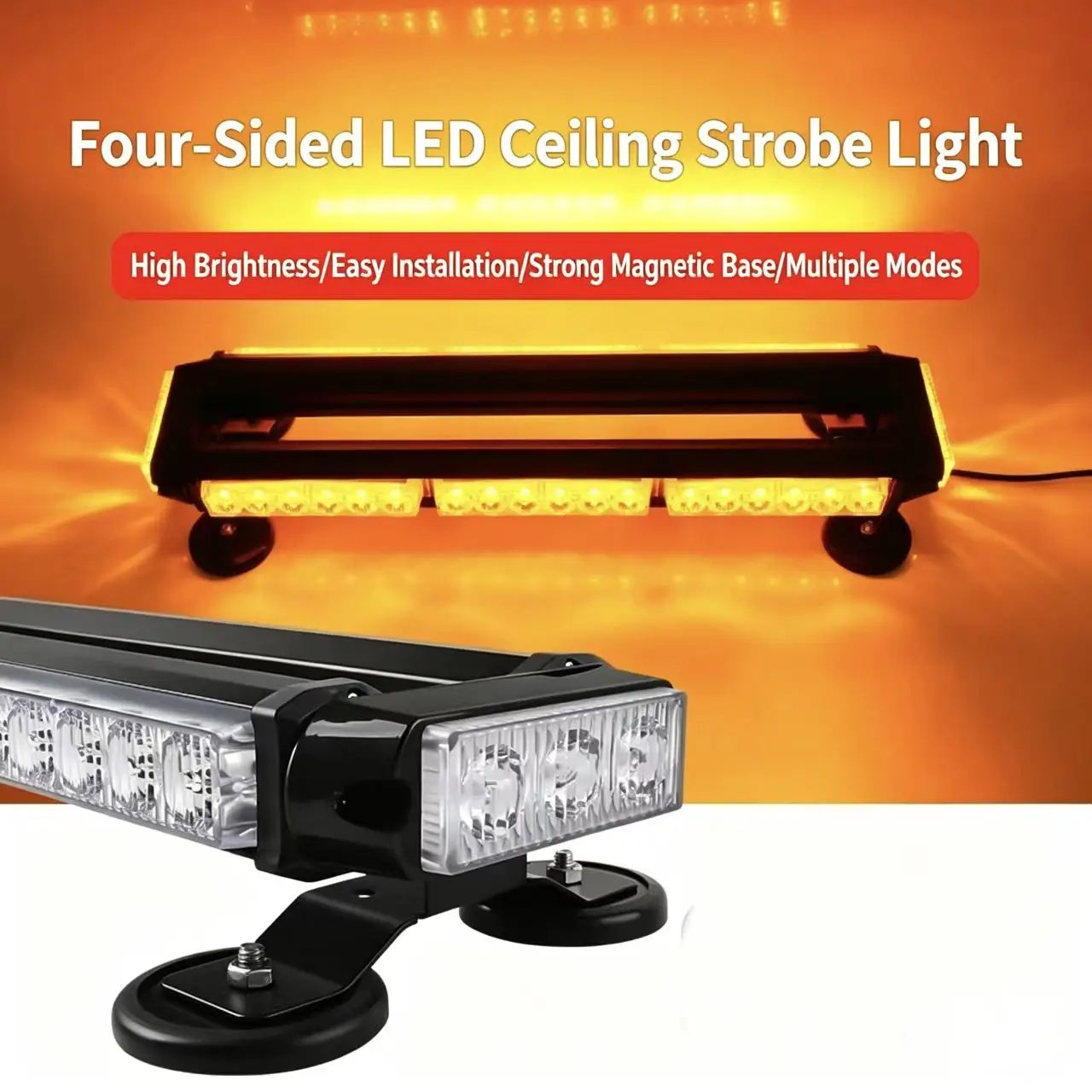 12V 23inch Double Side LED Strobe Light Bar Amber Emergency Hazard Warning Safety Beacon Flashing Light for Vehicles Cars Tow