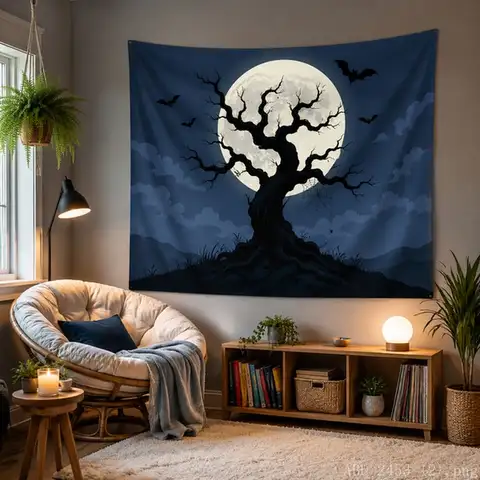 VIKAMA Deep Blue Moon Night Withered Trees Round Moon Bat Halloween Tapestry Tea Room Quiet Atmosphere Living Room Decoration