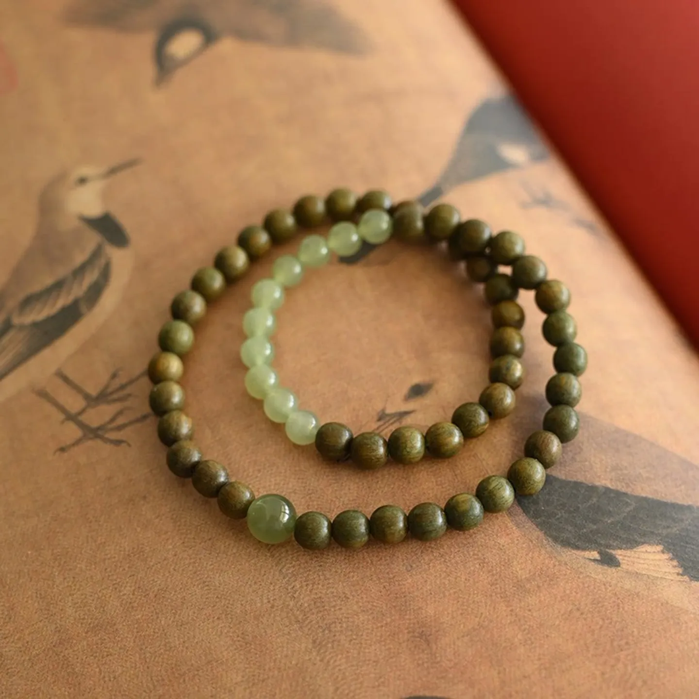 

Natural Green Sandalwood Bracelets: New Chinese Style Hetian Jade Beaded Double Wrap Prayer Beads, Worry Bead Play & Gifts