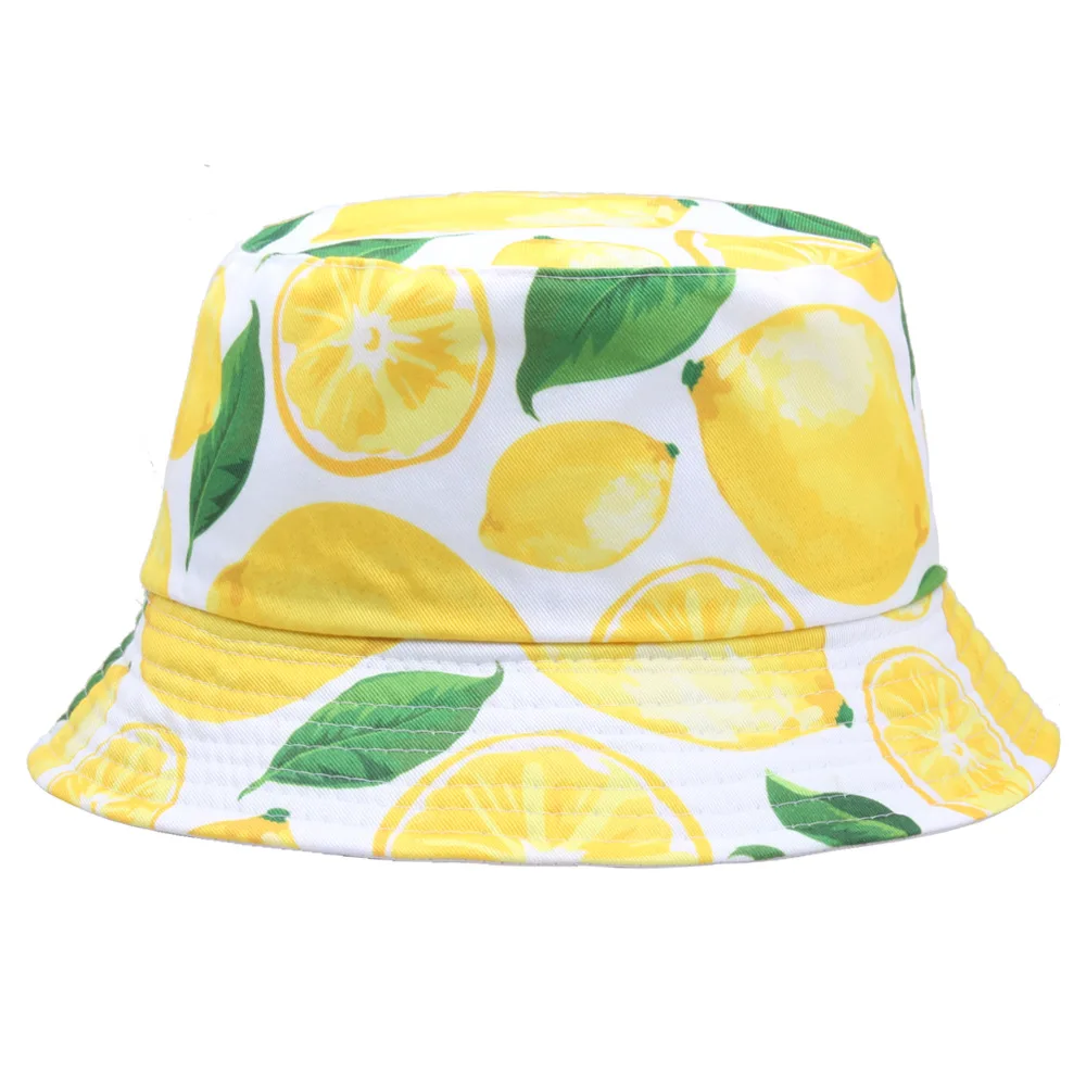 Lemon Pineapple Cherry Printed Bucket Hats Sun Panama Caps For Women Men Girls Beach Fishing Cotton Fruits Fisherman Hat