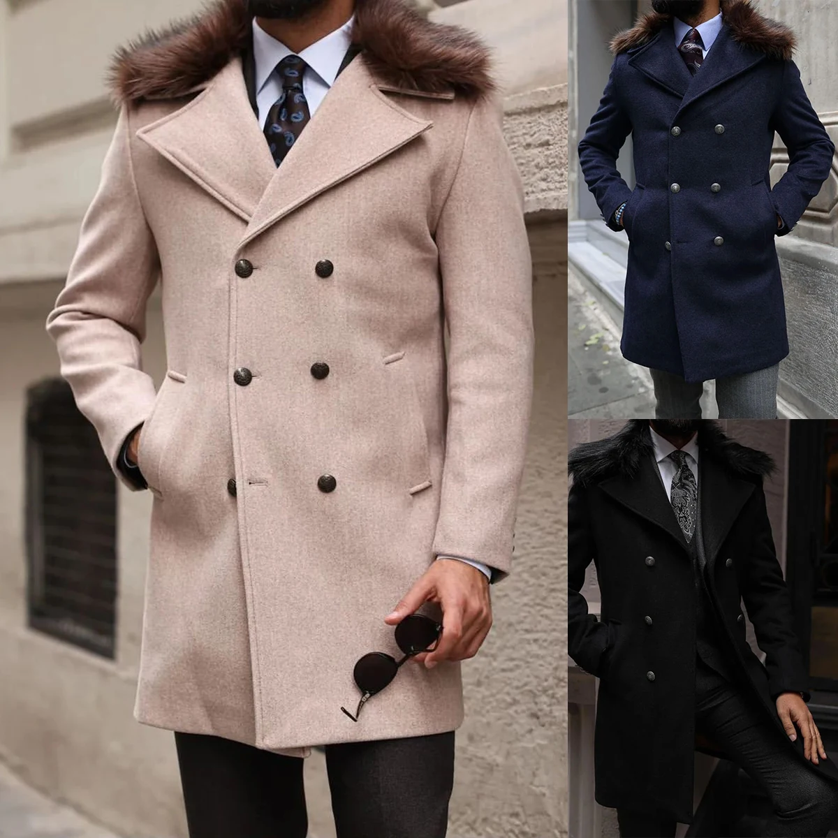 

Classic Men's Woolen Overcoat Artificial Fur Collar Thick Trench Coat Plus Size Business Formal Wear Winter Warm Jacket
