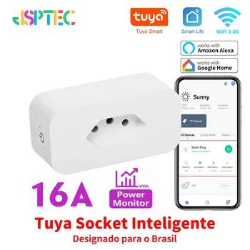 Tuya 16A Brazil Standard WiFi Smart Plug with Power Monitor Smart Life APP Smart Socket Voice Work for Google Home Alexa