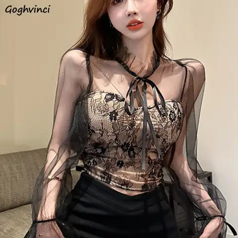 부드러운 여성 블라우스, 메쉬 레이스 디자인, 프랑스 스타일 패션, 섹시한 여성 상의, 슬림한 개성, 우아한 캐주얼, 봄 상품