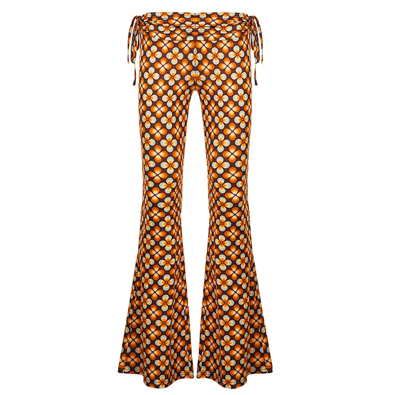 vacation style retro floral print strap contrasting color micro flared pants personalized street style fashion and sexy pants