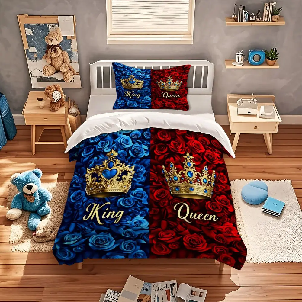 King Queen Crown Duvet Cover Set Romantic Red Blue Rose Floral Digital Print Bedding Set Soft Microfiber Bed Cover Home Decor