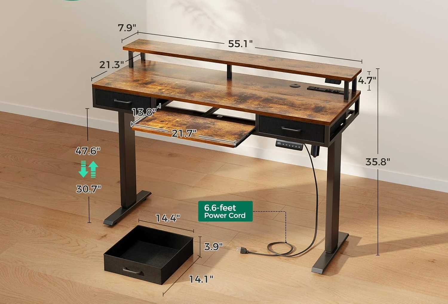 Escritorio eléctrico de pie con cajones y bandeja para teclado, altura ajustable de 55 pulgadas con tomas de corriente y luces LED, marrón rústico