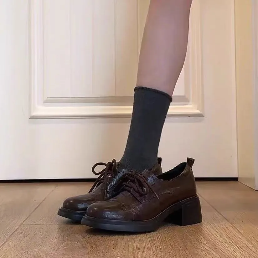 

Women Genuine Leather High-heeled Loafers Thick Soled Retro Shallow Mouth Women Shoes Round Toe Design Lace Up Formal Shoes