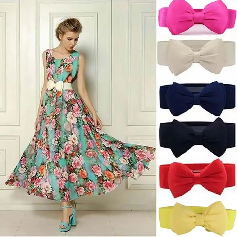 1Pcs Durable Big Bowknot Waist Belt Elastic Stretch Buckle Bow Waistband Wide Satin Bow Belt for Girls Lady Women